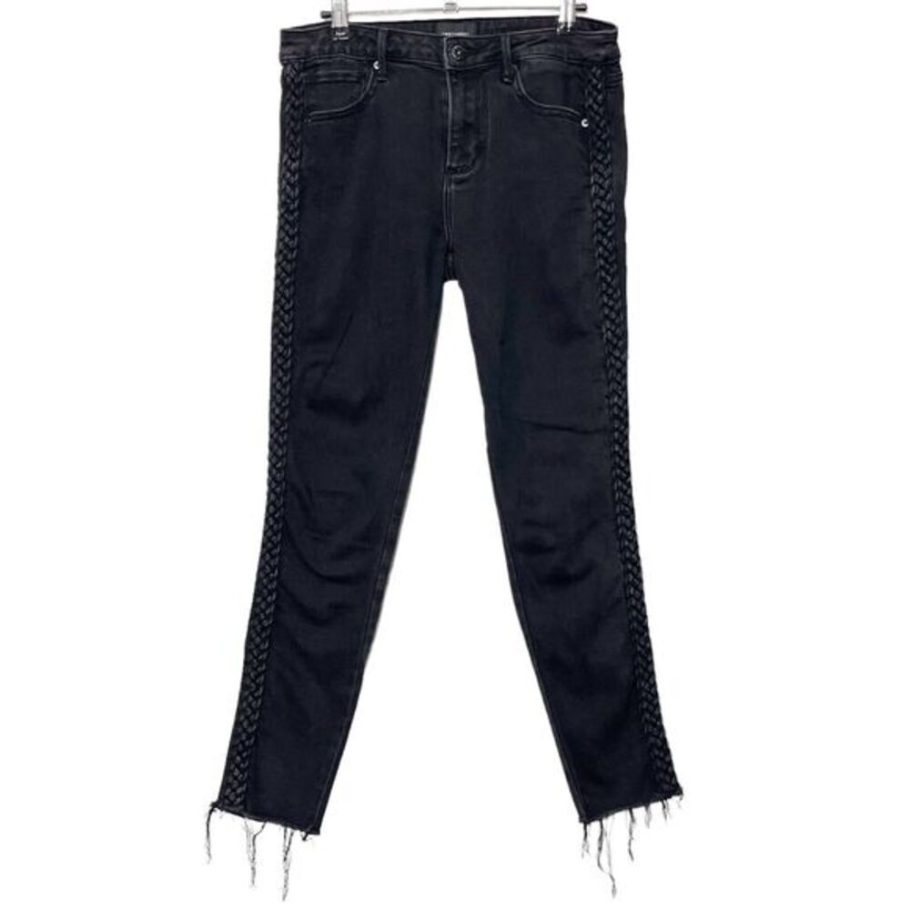 Driftwood Jackie Lace Trim Slim Jeans Women’s‎ 28 Black Raw Hem Stretch Denim - Picture 2 of 13